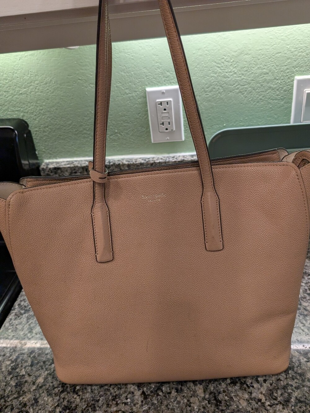 Kate Spade Leather Tote Handbag With Zipper   Biege Pebble Leather